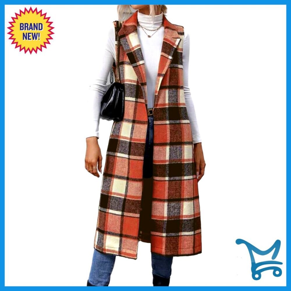 Wool Blend Plaid Long Vest Sleeveless Trench Coat Blazer Style